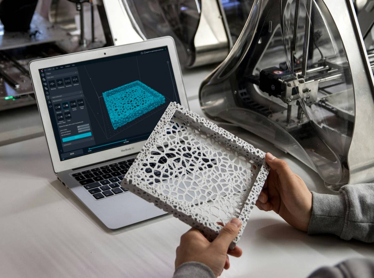 A student holding a detailed 3D-printed prototype next to their laptop showing CAD software, illustrating the benefits of 3d printing for prototyping